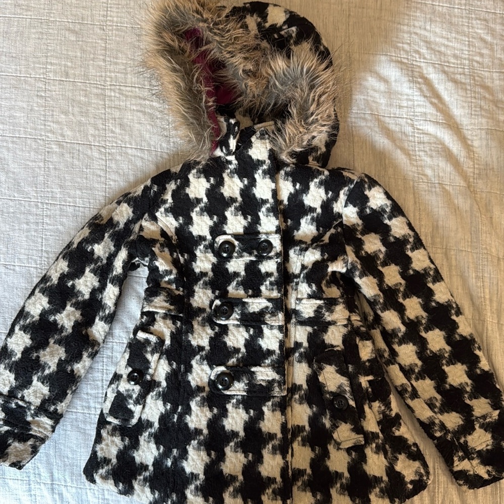 Girls 6X Urban Republic Girls Collection houndstooth fur hood jacket